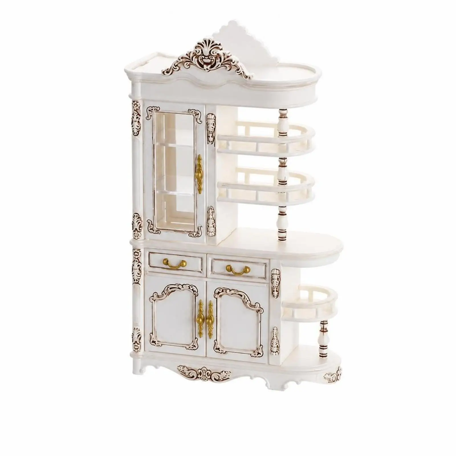 Dollhouse Cabinet 1:12 Scale Miniature Cupboard Dollhouse Bookcase with Drawers Plastic Storage Cabinet with Shelves Ornate