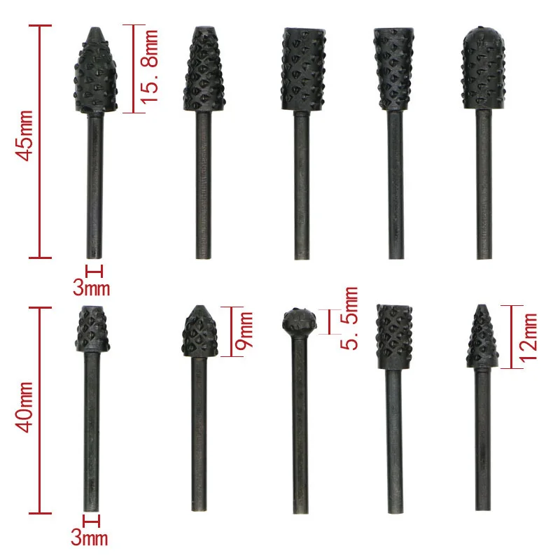 5/10pcs Set raspa rotante File 3mm Shank Burr File raspa lavorazione del legno punte da trapano HSS File rotante foratura del legno intaglio