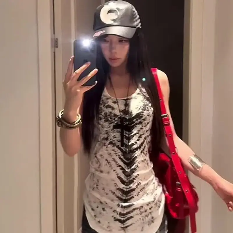 

American Y2k Retro I-Shaped Vest Women Summer New Fish Bone Spur Print Street Subculture Suspender Top