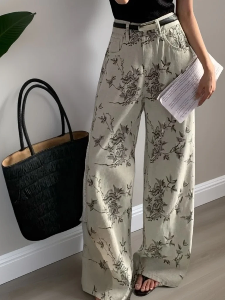 

Spring High Waist Loose Straight Leg Floral Denim Pants Women's Casual Wide Leg Trousers Comfortable Fit High Fashion Sense