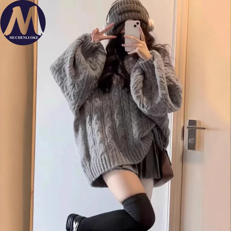

Women's Knitted V-Neck Sweater Korean Fashion Casual Loose Warm Pullover Autumn Winter Lantern Sleeve Style