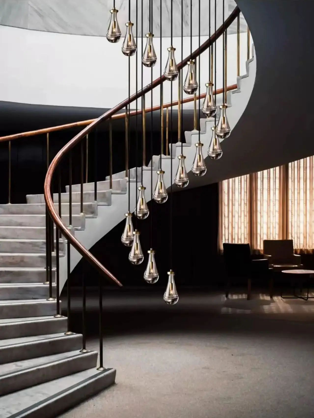 New Copper LED Pendant Light, Modern Lobby Waterdrop Glass Light, Home Decoration, Hotel Villa Glossy Staircase Ceiling Lamps