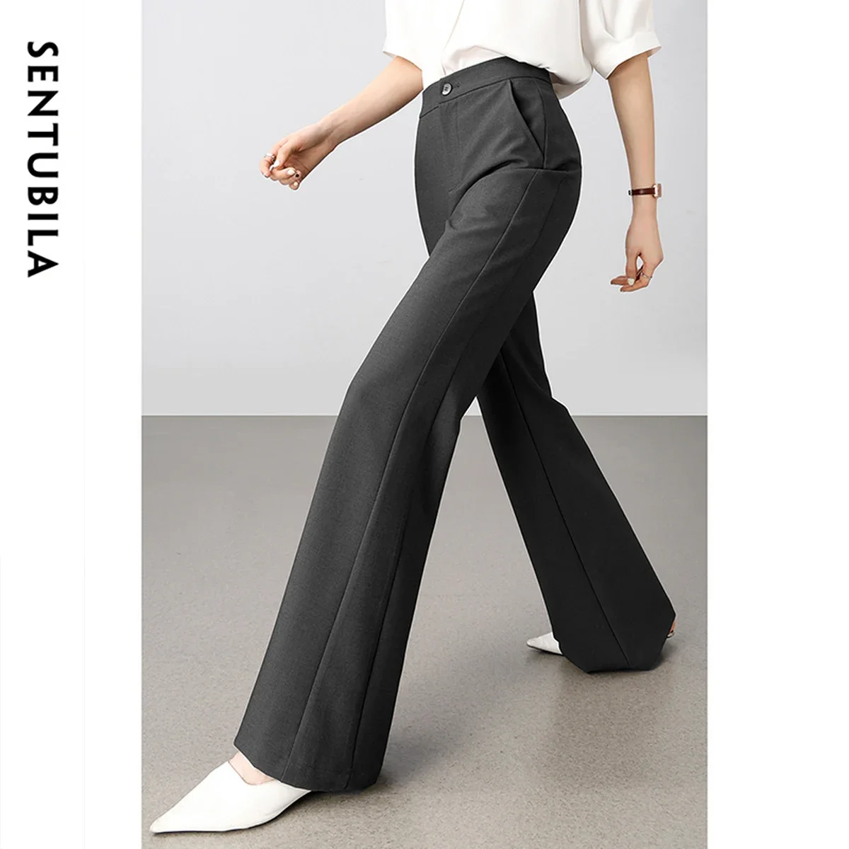 SENTUBILA Woman Casual Flared Pants 2025 Dark Grey Slim Fit High Waist Pants Office Lady Full-Length Pockets Trousers 152K87963