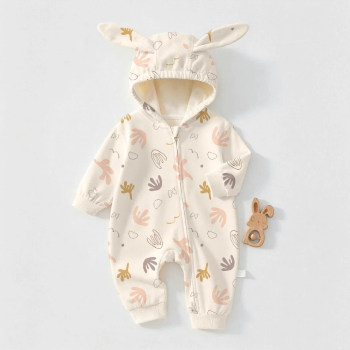 Cute Bunny Ear Hooded Baby Romper Cotton Blend Long Sleeve Side Zipper Onesie Newborn Infant Spring Autumn Clothes Unisex 0-18M