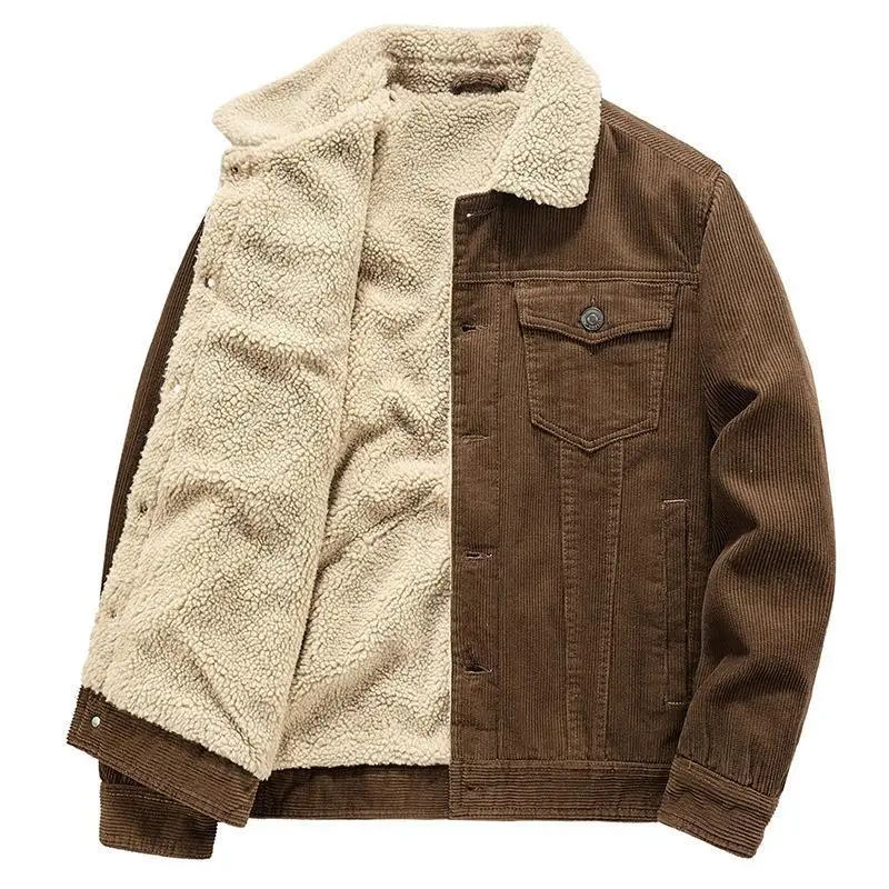 Winter Corduroy Fleece Lapel Jacket Men's Thick Warm Casual Outerwear