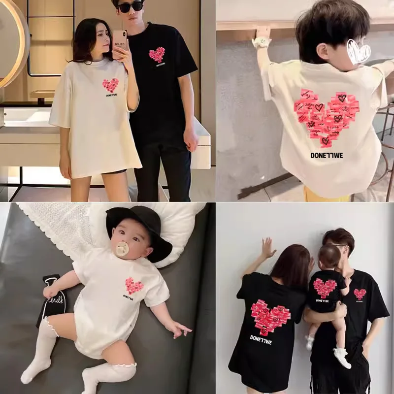 2025 New Summer Family Matching Outfits, Heart Love Theme Mother-Son Mother-Daughter Short Sleeve T-Shirt Romper Set