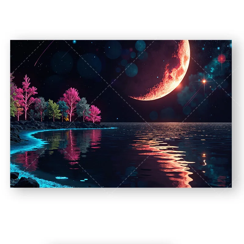 قطعة واحدة من نسيج الحائط "نسيج ليلة مضاءة القمر المجرة - منظر طبيعي كوني مع ماء وأشجار عاكسة" #2