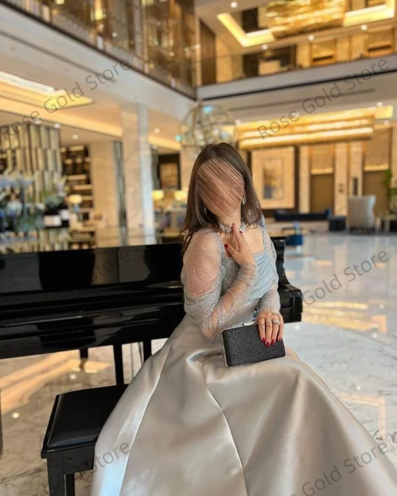 여성용 그레이 클래식 이브닝 드레스, A라인 칼라 프롬 가운, 긴 소매 맞춤형 플로어 기장 스테인 파티 드레스