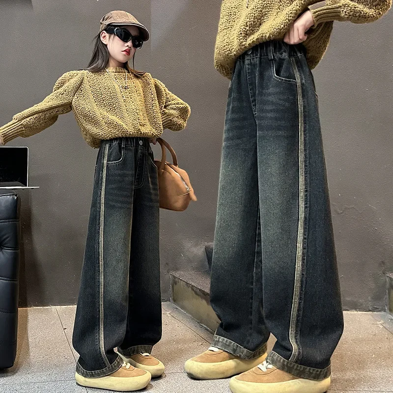 

Girls Autumn Jeans Children Loose Denim Pants Kids Elastic Waist Fashion Pants Teenage Casual Wide-leg Trousers Spring Bottoms