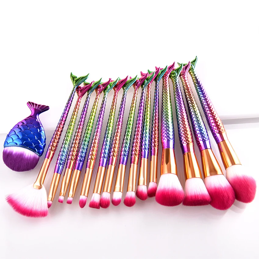 SAIANTTH 15pcs 16pcs Mermaid makeup brushes set fish tail small fat fish combination Gradient colorful fan concealer eyeshadow