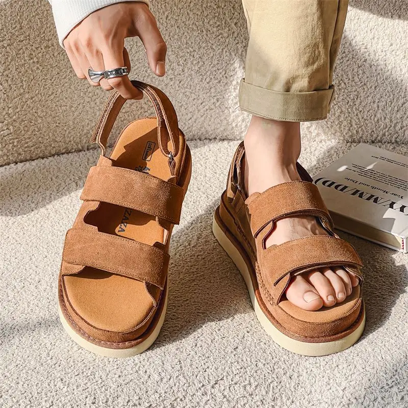 2024 Men Cowhide Non-Stuffy Feet Fashion Sandals Summer New Couple Thick Bottom Increased Super Soft Outdoor Slippers Women