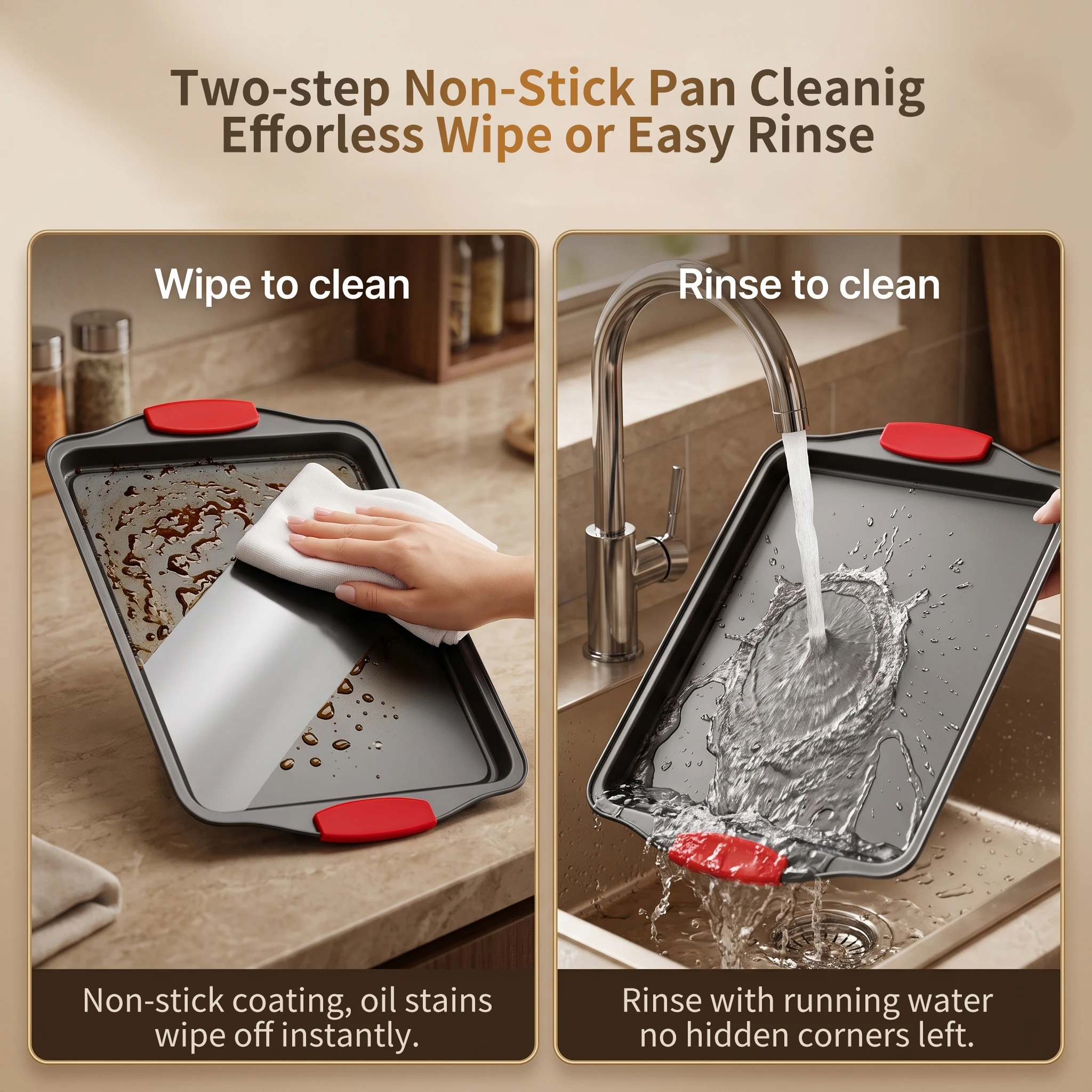 3pcs Carbon Steel NonStick Baking Pan Set. Luxury Stylish Design with Red Silicone Handles. Premium Nonstick Steel Bakeware, Restaurantgrade Rimmed Baking Sheets. Easytoclean Trays, Ideal for Cookies, Pizza, Cakes & Home Kitchen Baking. - view 7
