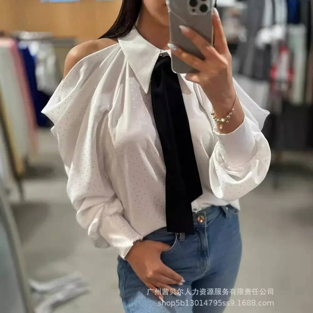 Lapel Bow Tie Casual Shirt Polka Dot Pattern White Polka Dot shirts Patch off-Shoulder Cold Shoulder Gigot Sleeve Top