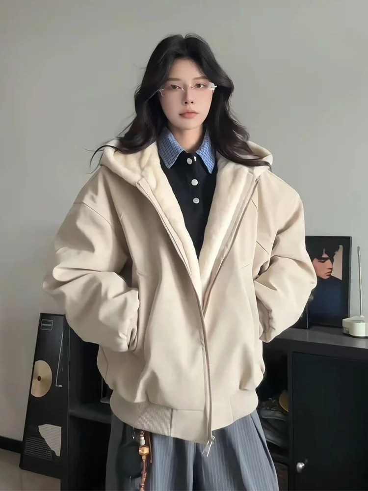 

American Sle Thiened Hooded Cotton Jaet Lamb Velvet PU Leather Men's Winter Coat Stand Fit Casual Wear Long Sve