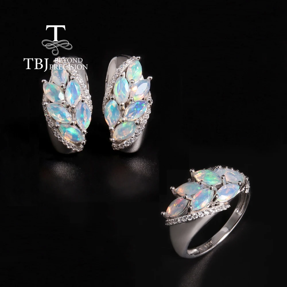 Women's Colorful October Birthstone Natural Opal Jewelry Set 925 Sterling Silver Ring And Earrings Fine Anniversary Banquet Wear