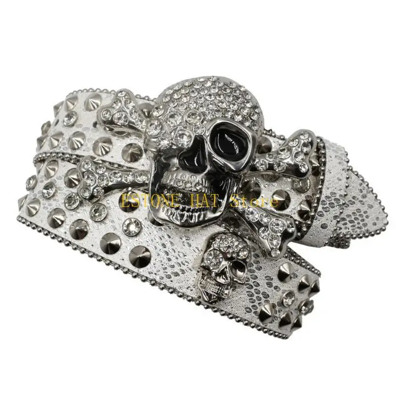 49MF Punk Skull Buckle Belt for Adult Teens Rhinestones Rivet Studded Belt Halloween Party Music Festival Belt Eye Catching