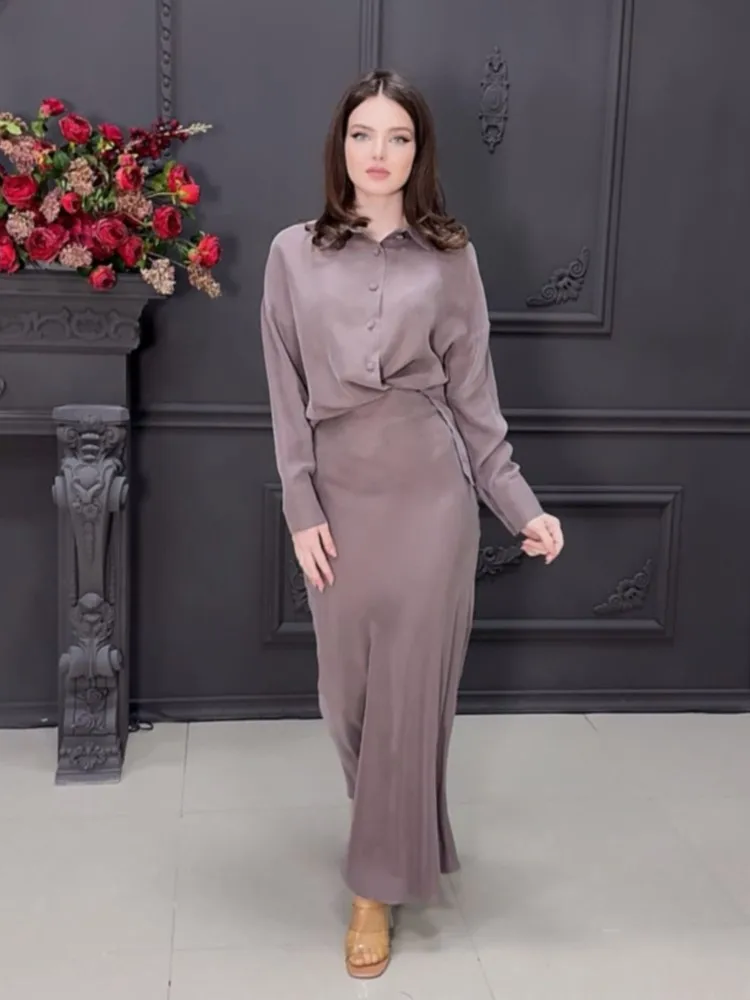 Brown Elegant Long Skirt Women Suit Lapel Single Breasted Shirts + High Waist Skirt Two Piece Set Spring Fashion Slim Party Set