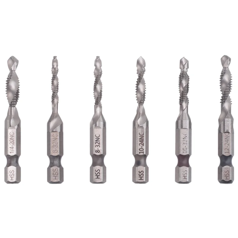 

BHTS-6Pcs Drill Tap Set Hex Shank SAE Combination Drill And Tap Bit Set HSS 4341 Screw Tap Deburr Drill Bit