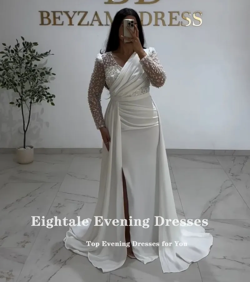 Eightale Abito da sera arabo con scollo a V maniche lunghe pieghe personalizzate Abito da cerimonia nuziale a sirena elastico Vestido De Noche