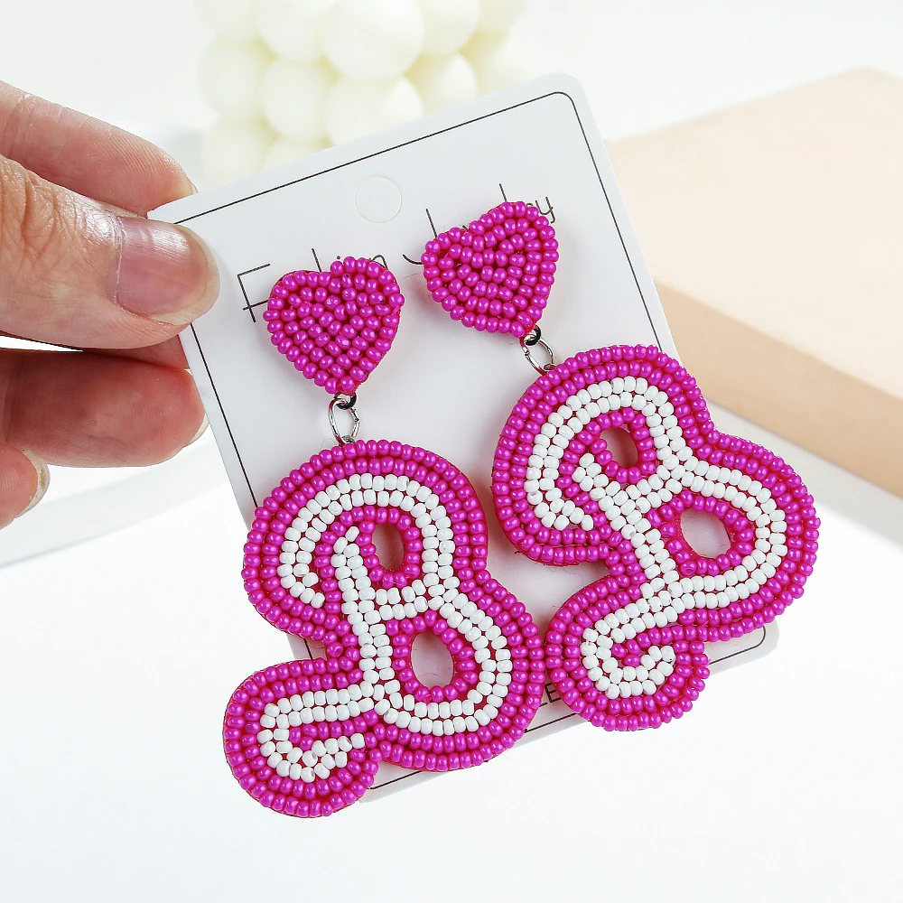 Barbie Earrings Kawaii Pink Princess Sweet Handwoven Rice Bead Ear Studs for Women Girls Cosplay Jewelry Accessories Gifts