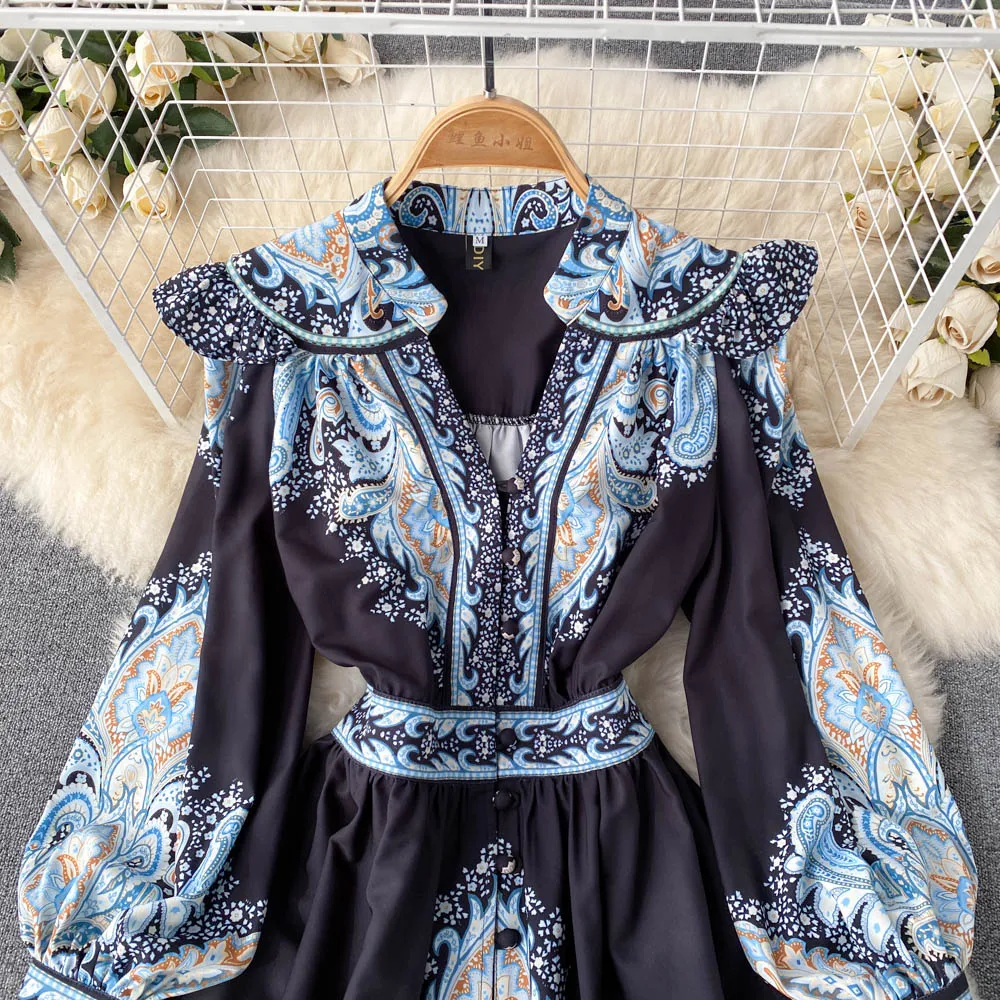 Mini abito stampato floreale primavera autunno donna sexy scollo a V monopetto manica a sbuffo vita alta a-line abiti da festa di lusso