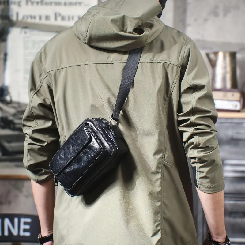 SHIYUN Genuine Leather Men's Casual Chest Bag Cowhide Crossbody Bag Fashion Phone Holster Vegetable Tanned Ruched Leather