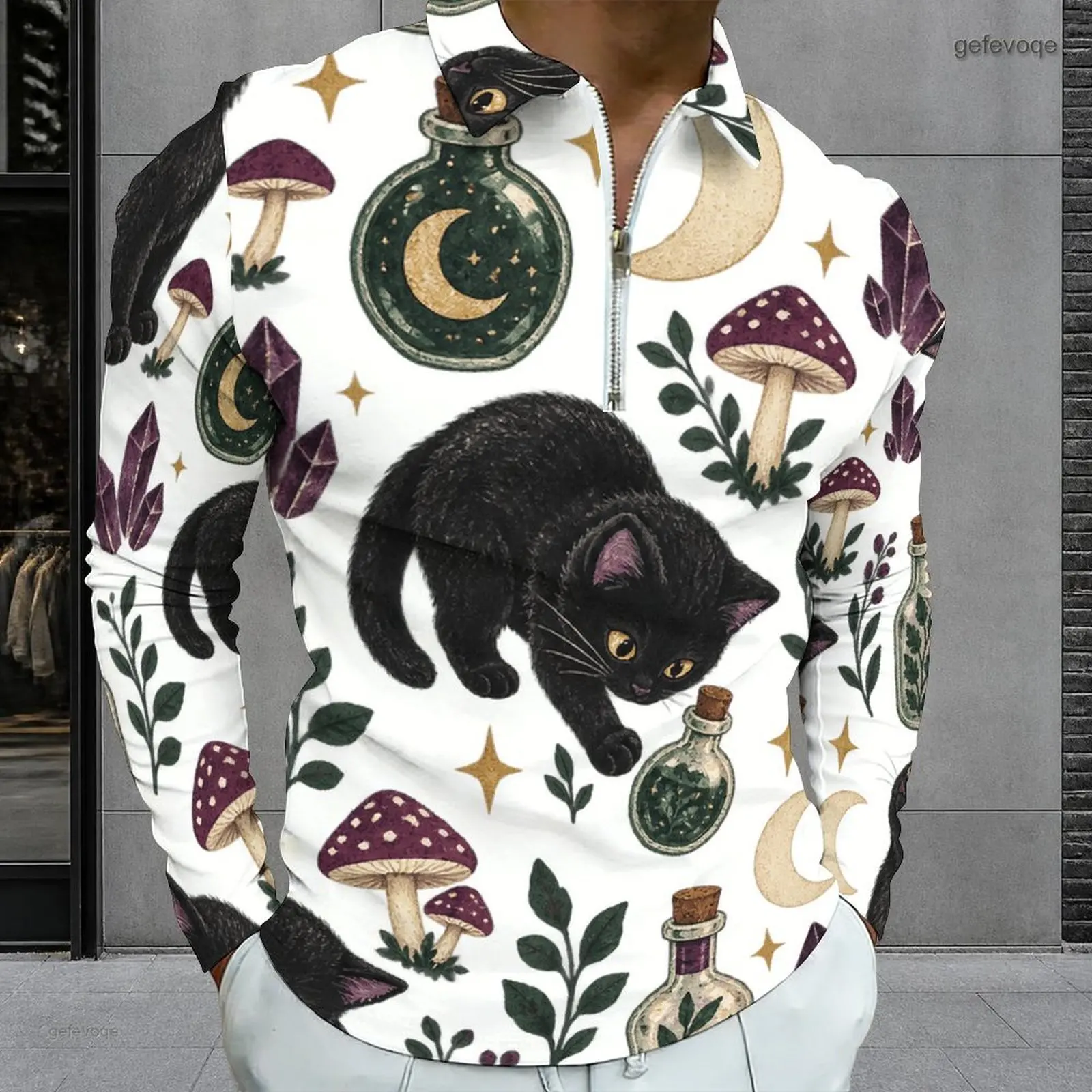 Men Quarter Zip Long Sleeve Polo Shirt Printed Cute Baking Ghost, Halloween Cookie and Maple Leaf Pattern