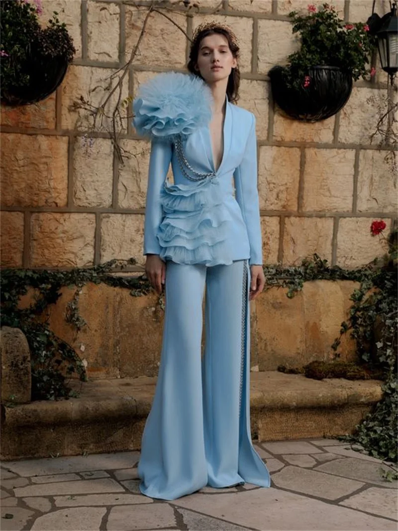 Luxe kristallen damesbroekpakken sets 2-delige blazer met ruches tule wijde pijpen ontwerper op maat gemaakte feestjurk