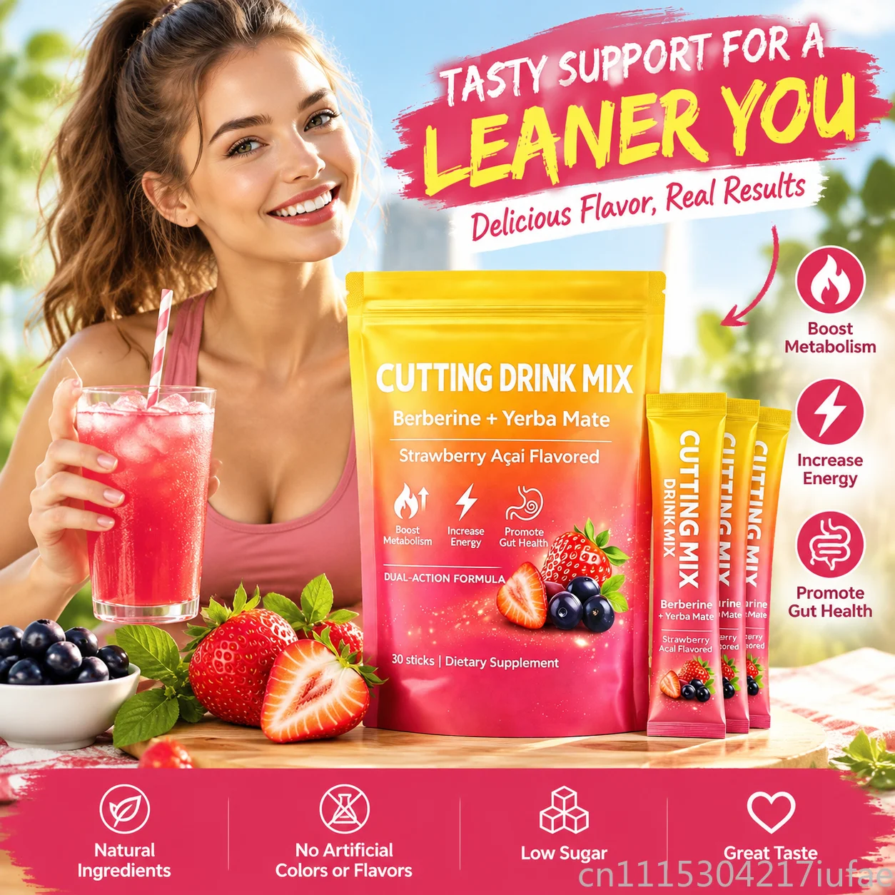 Aojnster Cutting Drink Mix Berberine Yerba Mate Powder, Strawberry Acai Flavor 30 Sticks Energy & Gut Wellness Supplement