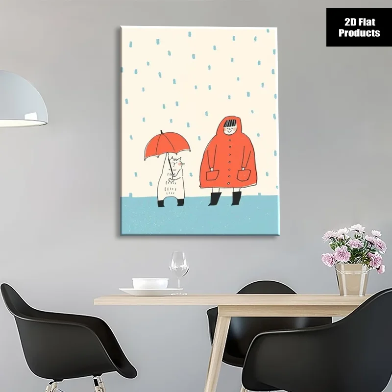 (No frame)2D Flat, 2D Flat, 2D Flat A Frameless Canvas Poster, Featuring a Charming Illustration of a Cat And a Young Girl wi