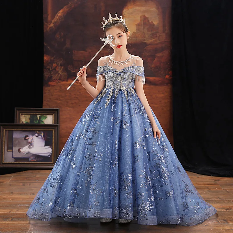 Kids Girls Christmas Formal Evening Long Dresses Evening Fairy Gown and Maxi Dress Up Costumes for Children Luxury Blue Vestidos