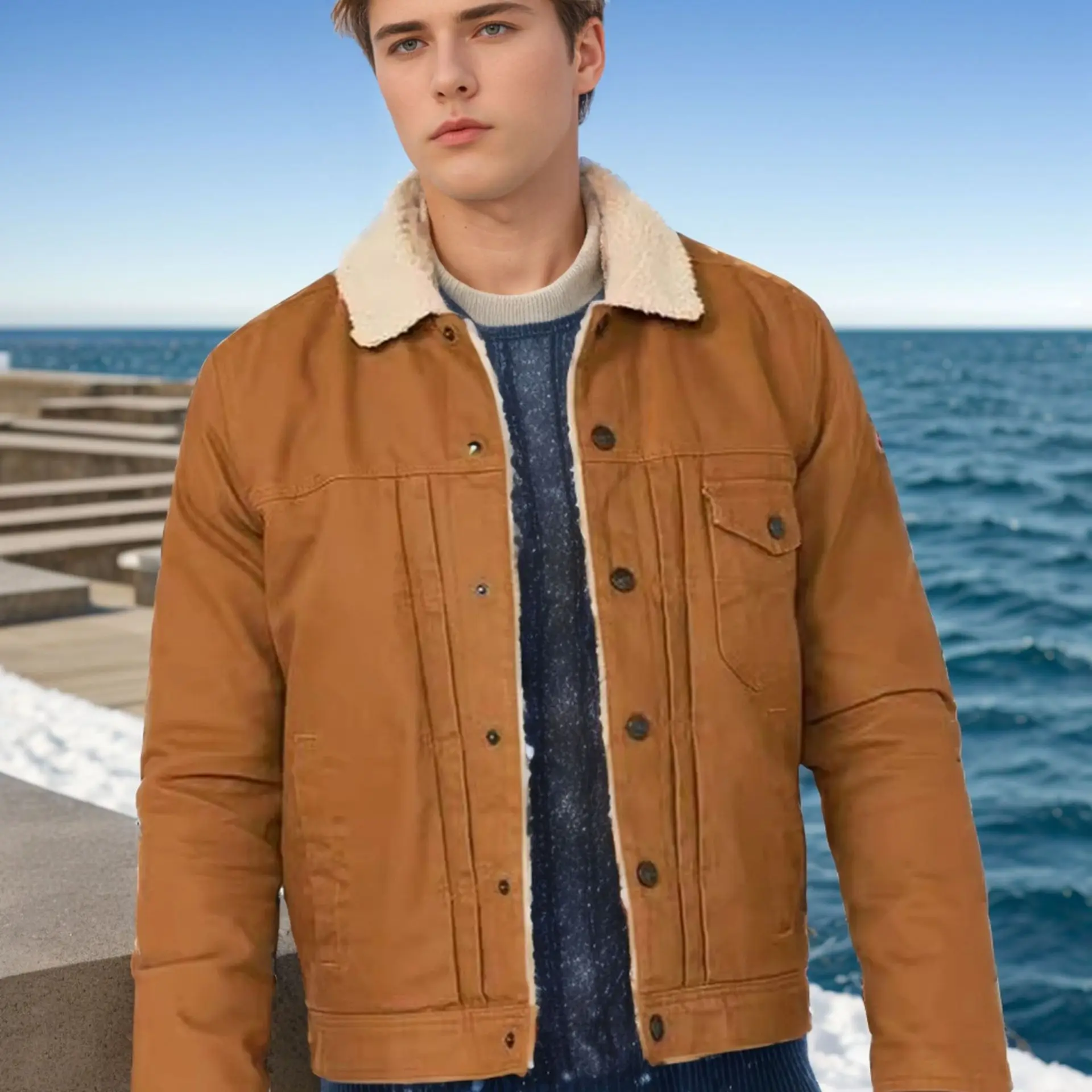 Man Plush Jacket Autumn Winter Turn Down Collar Long Sleeve Male Coat Single-breasted Pocket Simple Daily Warm Men Outerwear