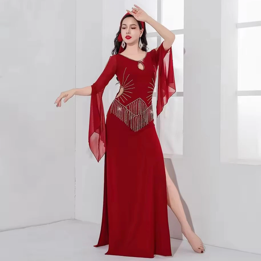 

Women's Belly Dance Baladi Dress Mesh Sleeves Folk Costume Long Robe Girls Saidi Dresses with Fringes Shimmy