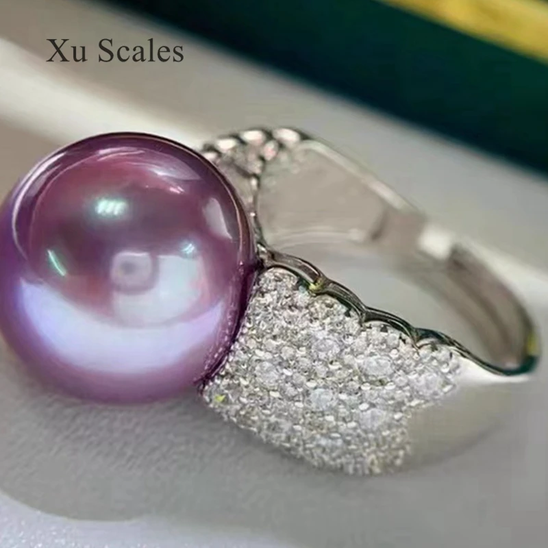 Full Diamond Zircon Surrounding Natural Fresh Water 12-13mm White Pearl Luxury Atmosphere Ring S925 Sterling Silver Jewelry Gift