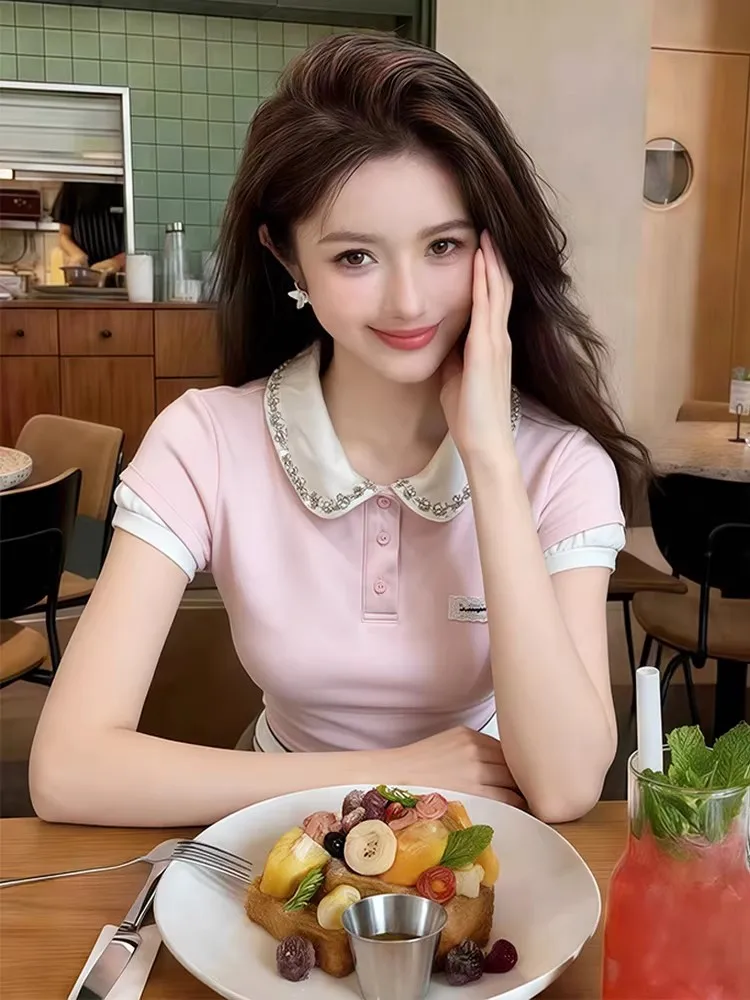 

Корейская женская летняя футболка с коротким рукавом, утягивающая талию, уникальный красивый топ до плеч