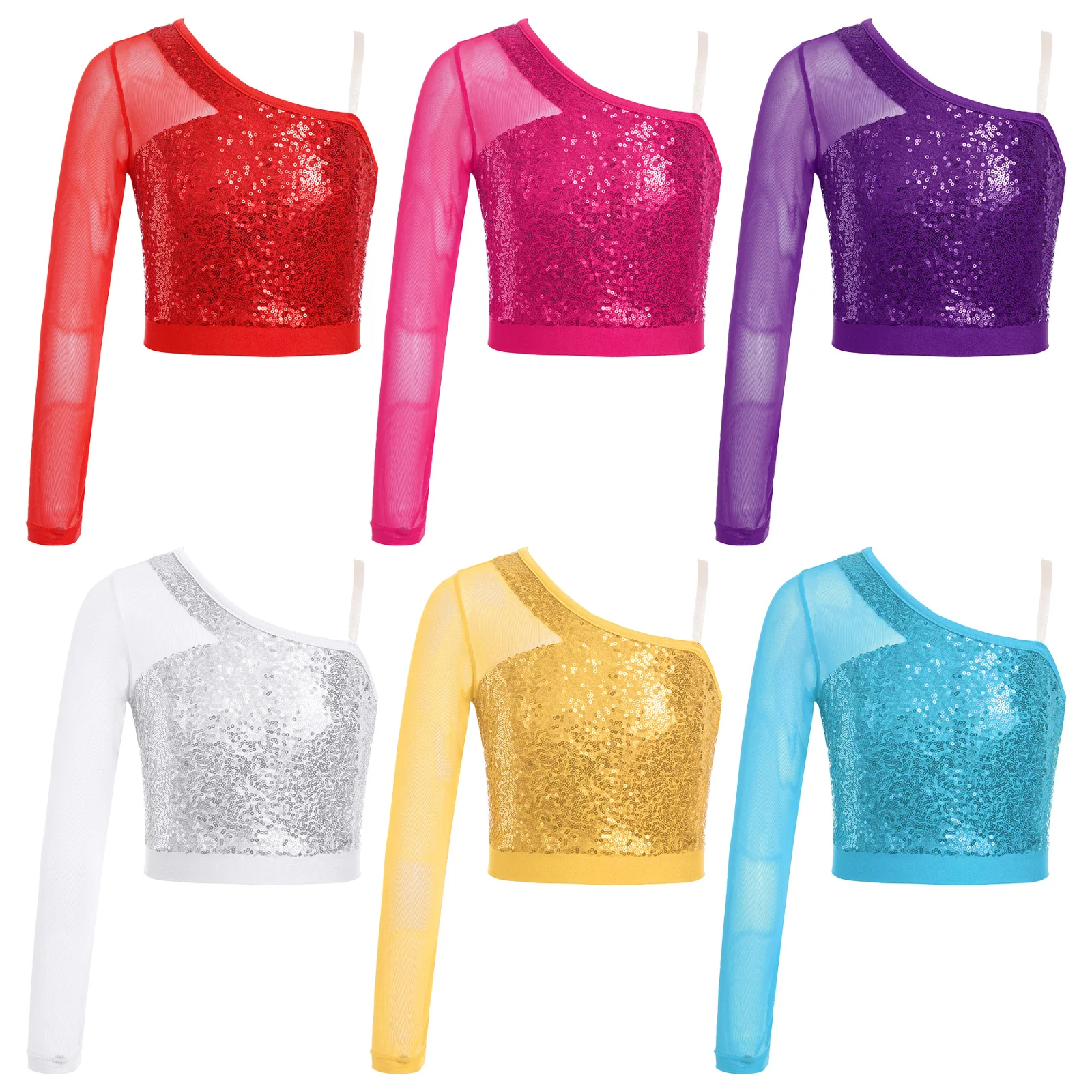 Kids Girls Sparkly Sequins Dance Crop Tops One Shoulder Long Sleeves Jazz Hip-hop Dance Costumes Ballet Dancewear