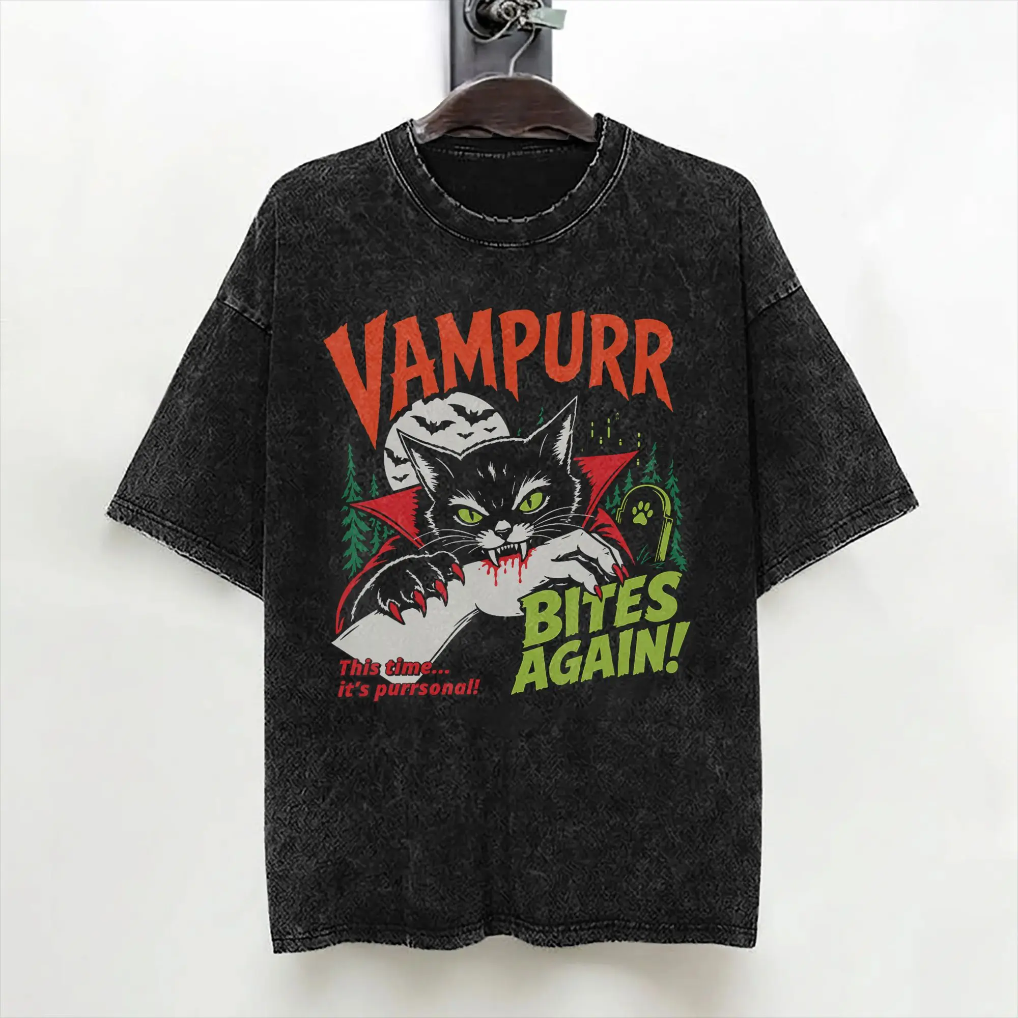 Vampurr Bites Again Halloween Vampire Cat Washed T Shirts Streetwear Novelty T-Shirts  Tees Men Women Cotton Oversize Printed