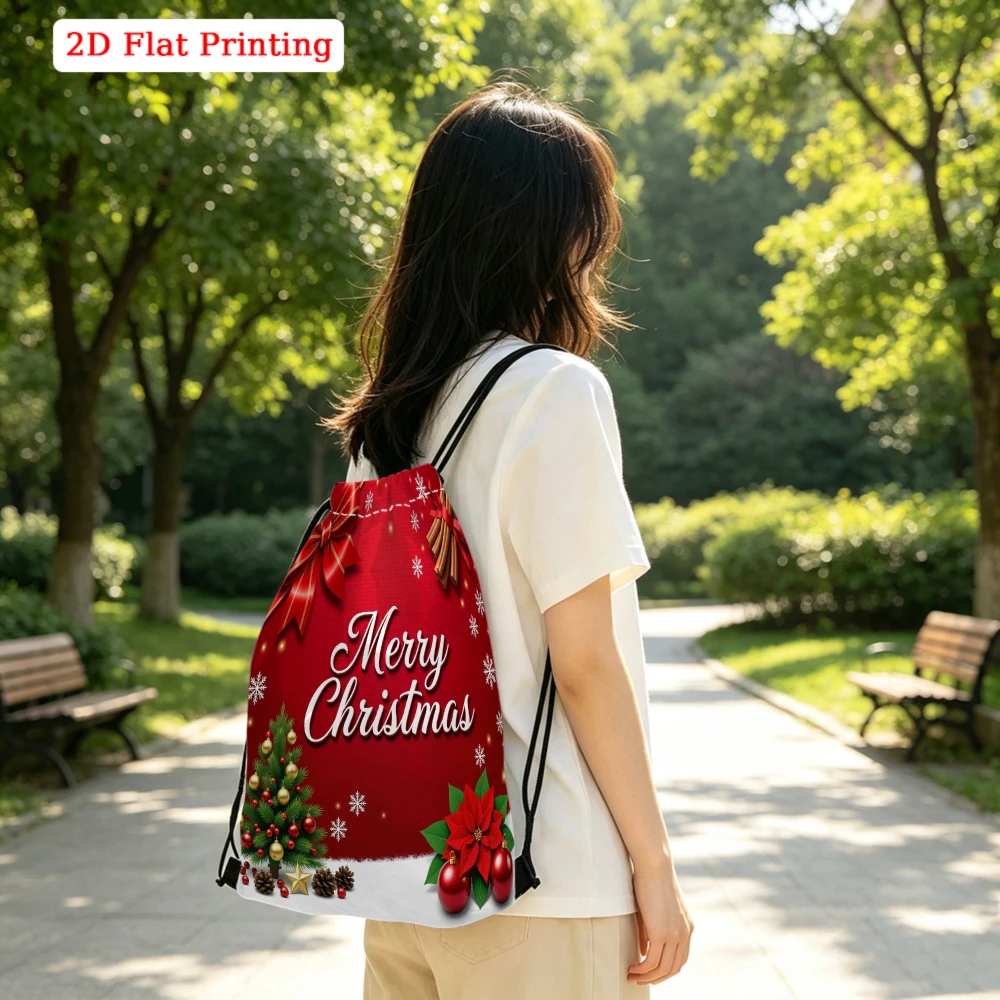 Merry Christmas 2D Flat Print Drawstring Backpack, Fitness Sports Outdoor Travel Bag