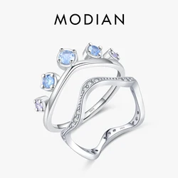 MODIAN 925 Sterling Silver Crown Light Blue Finger Ring Trendy Irregular Stackable Rings For Women Cocktail Party Jewelry