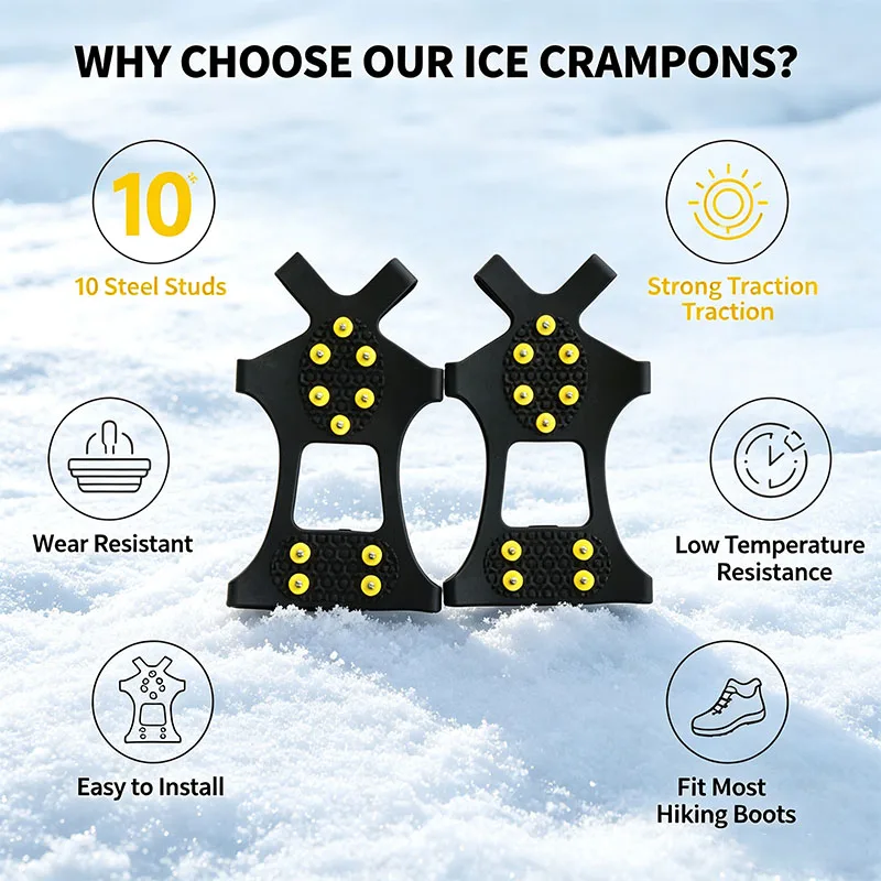 10 Studs Grips Winter Snow Crampons Elastic TPR Rubber 10 Steel Studs Outdoor Hiking Walking Climbing Anti-fall