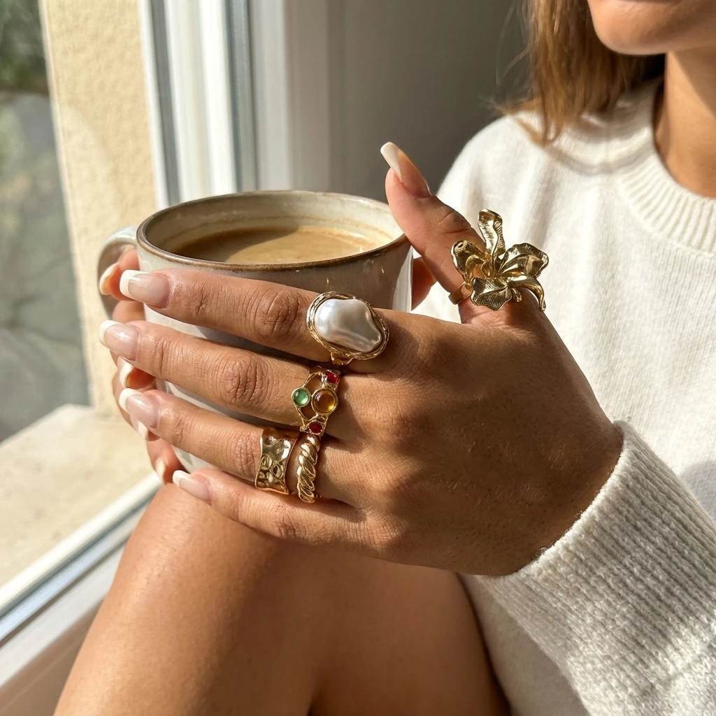 

Vintage Boho Gold Color Ring Set for Women Statement Faux Pearl Colorful Crystal Geometric Flower Chunky Midi Stacking Jewelry