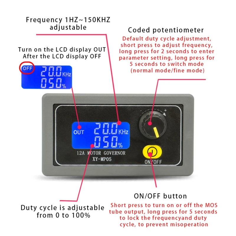 MP05/MP05-W 150W for DC 6-30V Motor Governor PWM Motor LED Lighting Dimming Controller Slow Start Slow Stop Encoder LCD Display