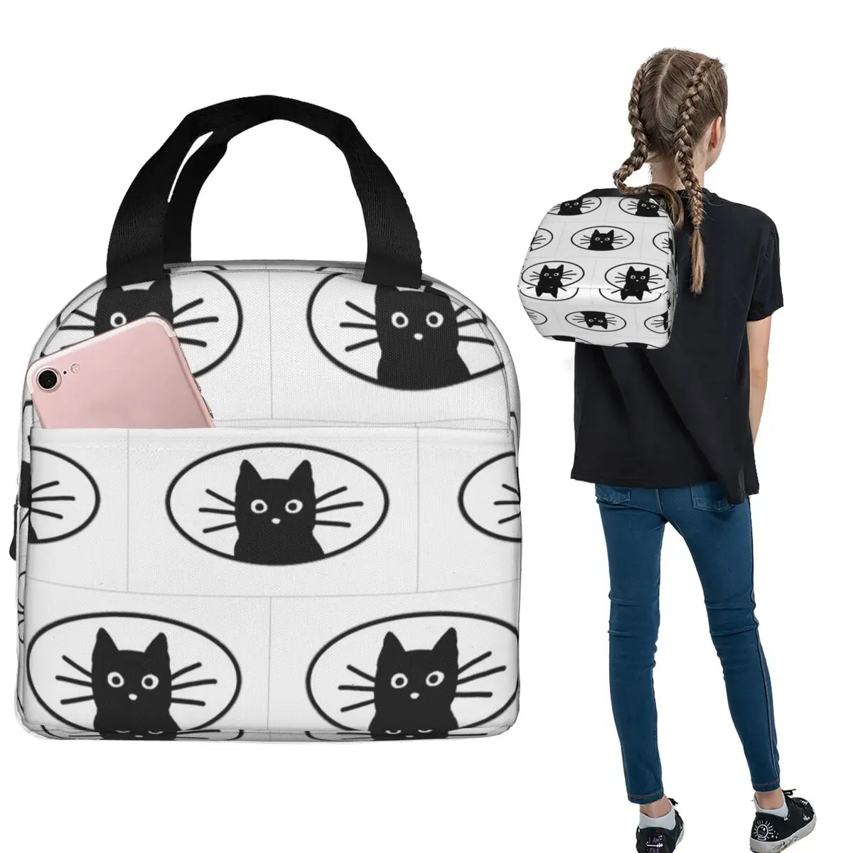 Black Cat Face Insulated Lunch Bag for Women Children Portable Food Boxes Thermal Lunch Box Tote