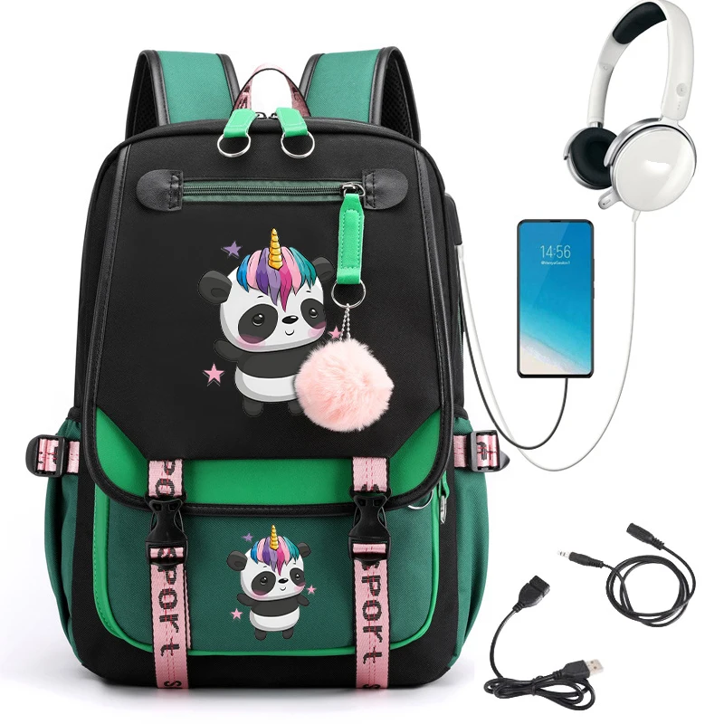 Cartoon Panda School Bag para crianças Mochila de menina Mochila de criança adolescente Bagpack de carregamento USB Bookbag primário