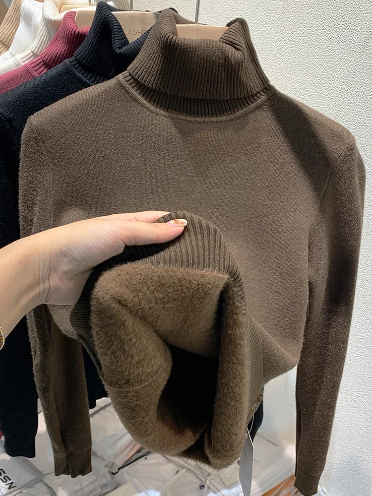 Soft High Neck Women\'s Pullover Sweater Thickened Warm Inner Fur Top 2024 New Autumn and Winter Mink Velvet Base Shirt