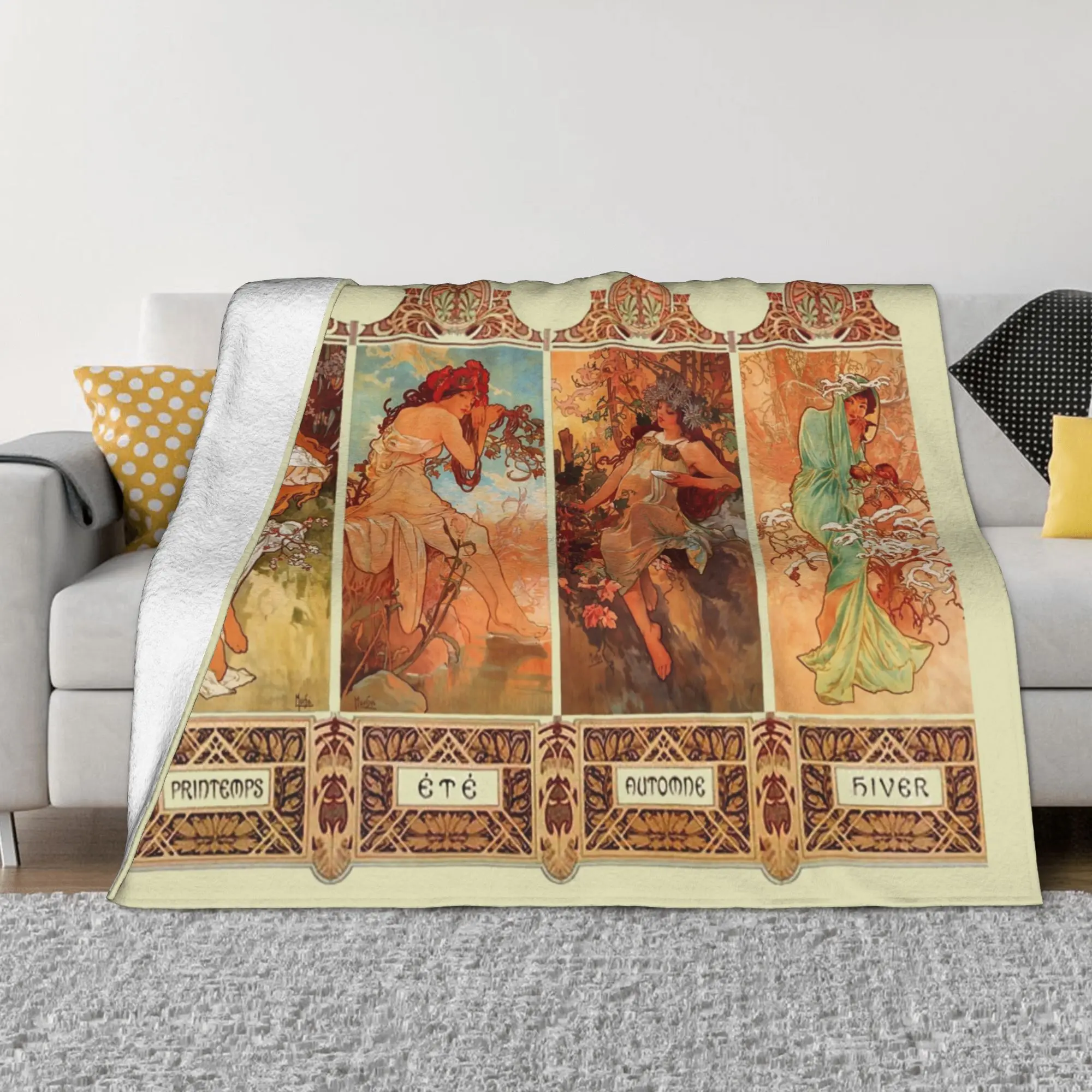 Alphonse Mucha Four Seasons Velvet Throw Blanket Vintage Beautiful Women Blankets for Bed Travel Ultra-Soft Bedspread