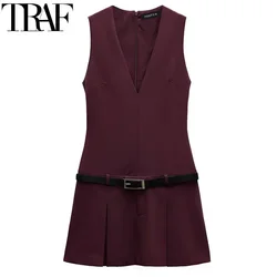 TRAF Winered Short Dresses 2024 Summer Women's Elegant Pleated Belt Mini Dress Ladies Fashion Casual Sleeveless Vestidos