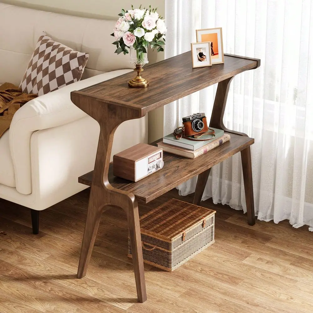 

Narrow End Table For Living Room, 2Tier Slim Sofa Side Table With Solid Wood Legs, Modern Tall End Table With Storage Shelf, Fa