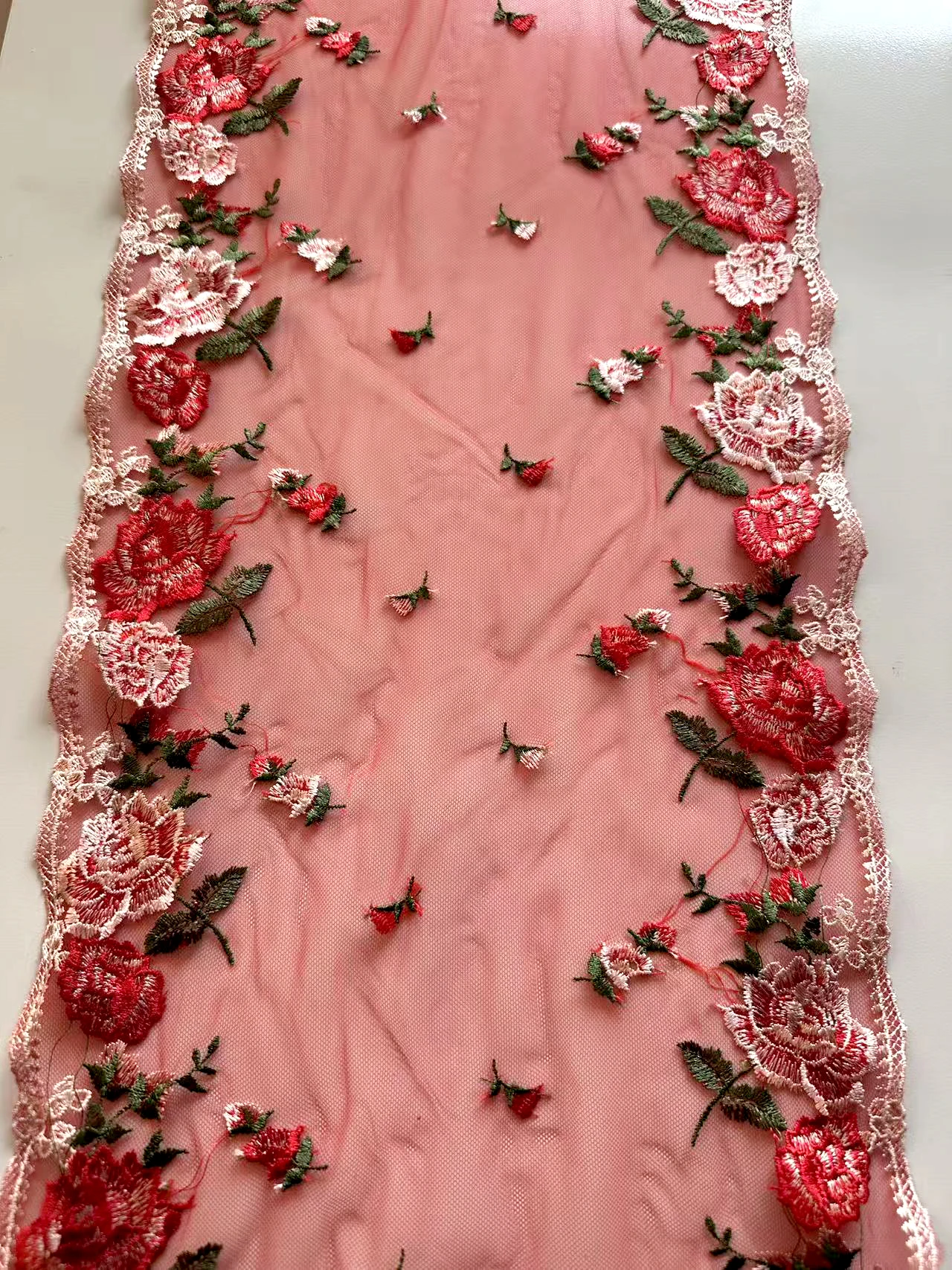 

20 ярдов, двусторонняя кружевная тесьма шириной 28 см с изысканной вышивкой красными цветами, тюлевая сетчатая кружевная ткань для женских платьев