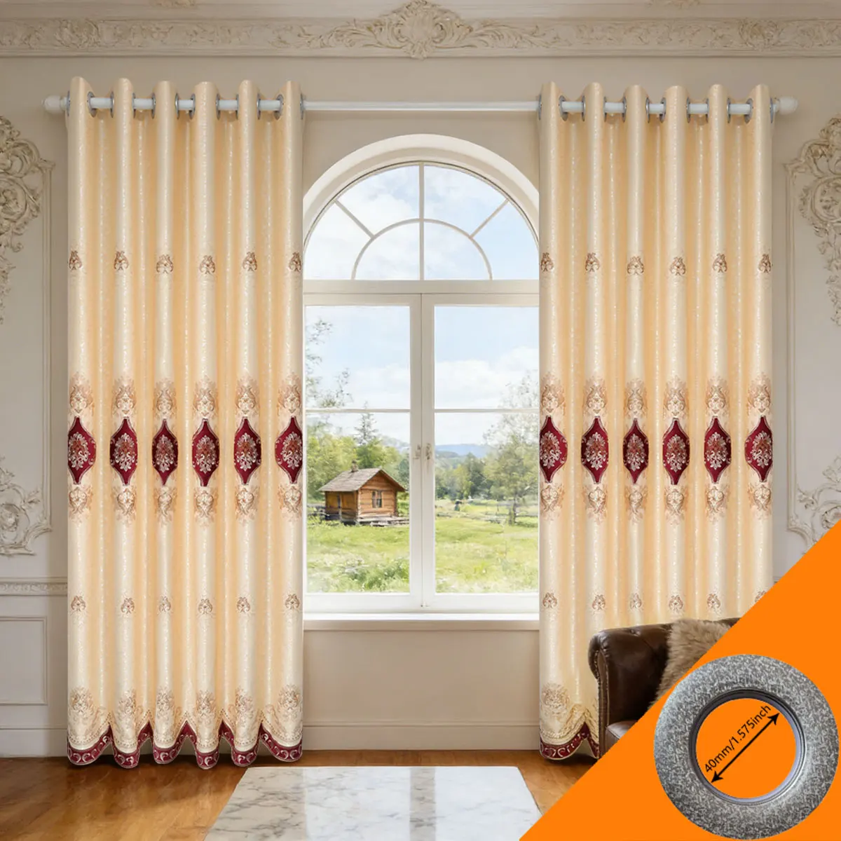 

2 Panels Beige Embroidered Blackout Curtains, Luxury European Thermal Insulated Window Drapes for Living Room